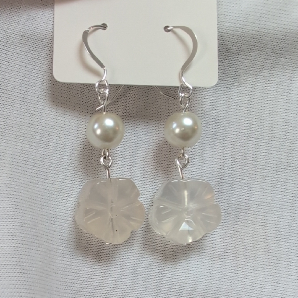 Agate Hibiscus Flower, Glass Pearl & Sterling Sliver Hook Drop Earrings Handmade